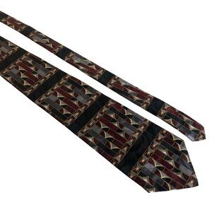 Damon Silk Tie Geometric Burgundy Black Gold Mens Necktie Office Formal Dad Gift